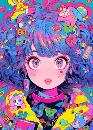Kawaii Anime Girl Surrounded by Toys - Premium Wooden Framed Poster. Ready to Hang.