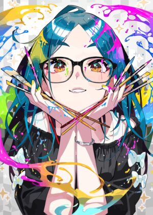 Vibrant Anime Girl Artist: A Splash of Color - Premium Wooden Framed Poster. Ready to Hang.