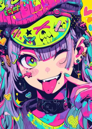 Neon Anime Girl Art Print - Premium Wooden Framed Poster. Ready to Hang.