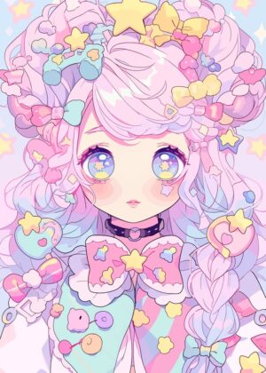 Kawaii Anime Girl with Stars: Pastel Dreams - Premium Wooden Framed Poster. Ready to Hang.