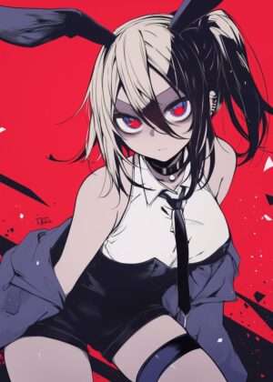Anime Girl with Bunny Ears: Fierce and Stylish - Premium Wooden Framed Poster. Ready to Hang.
