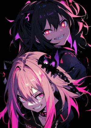 Anime Girls with Sharp Teeth: Dark Fantasy Art Print - Premium Wooden Framed Poster. Ready to Hang.