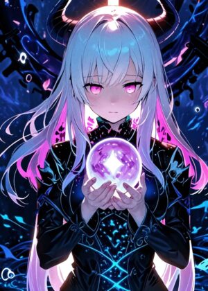 Mystical Anime Girl with Glowing Orb - Premium Wooden Framed Poster. Ready to Hang.
