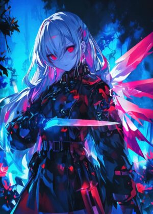 Cyberpunk Anime Girl with Katana - Premium Wooden Framed Poster. Ready to Hang.