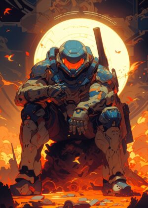 Mech Warrior in Fiery Battle: Digital Art Print - Premium Wooden Framed Poster. Ready to Hang.