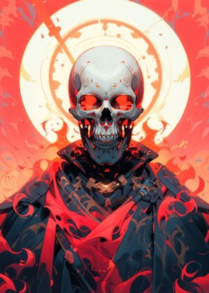 Red-Eyed Skull in Infernal Glory - Premium Wooden Framed Poster. Ready to Hang.