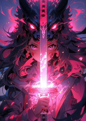 Fiery Anime Girl with Katana - Premium Wooden Framed Poster. Ready to Hang.