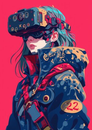 Cyberpunk VR Girl: Immersive Digital Art Print - Premium Wooden Framed Poster. Ready to Hang.