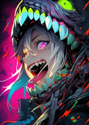 Cyberpunk Anime Girl: Neon Dreams - Premium Wooden Framed Poster. Ready to Hang.