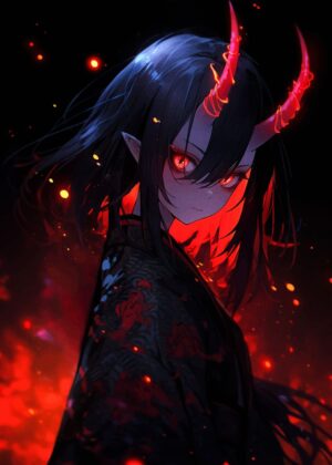 Fiery Anime Demon Girl Art Print - Premium Wooden Framed Poster. Ready to Hang.