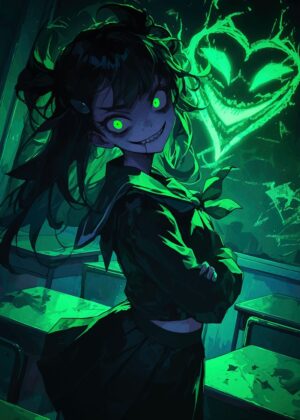 Green-Eyed Anime Girl: Dark Academia Aesthetic - Premium Wooden Framed Poster. Ready to Hang.
