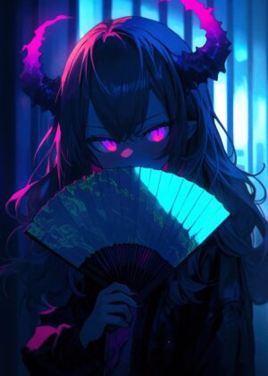 Cyberpunk Anime Girl with Hand Fan - Premium Wooden Framed Poster. Ready to Hang.