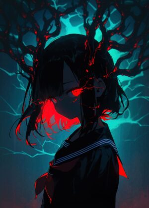 Dark Anime Girl with Glowing Red Eyes Art Print - Premium Wooden Framed Poster. Ready to Hang.