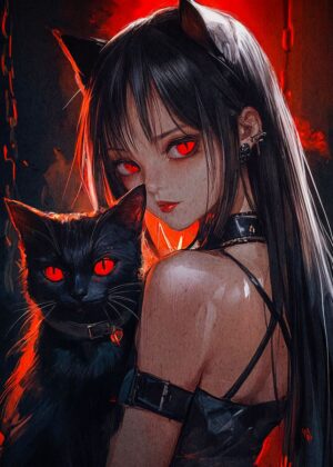 Dark Anime Girl with Cat Companion: Red Eyes Edition - Premium Wooden Framed Poster. Ready to Hang.