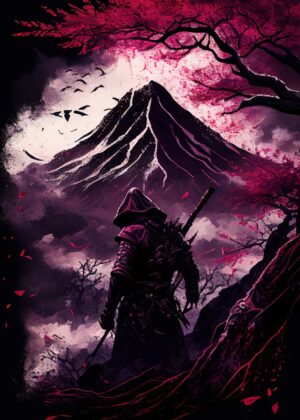 Samurai Beneath Crimson Sakura and Majestic Mountain - Premium Wooden Framed Poster. Ready to Hang.