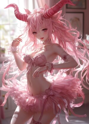 Pink Anime Demon Girl Artwork Print - Premium Wooden Framed Poster. Ready to Hang.