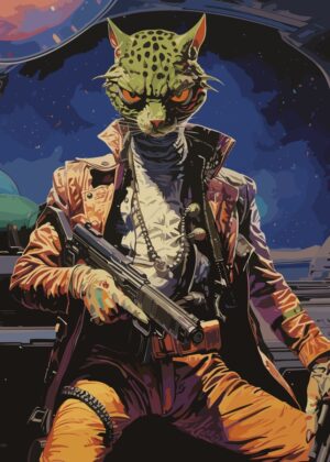 Alien Cat Space Cowboy: A Retrofuturistic Sci-Fi Artwork - Premium Wooden Framed Poster. Ready to Hang.