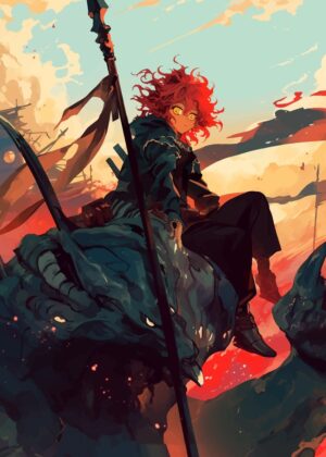 Fiery Redhead & Her Dragon Mount: Fantasy Art Print - Premium Wooden Framed Poster. Ready to Hang.