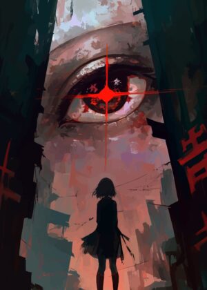 Giant Eye Watching Over Girl in Urban Decay - Premium Wooden Framed Poster. Ready to Hang.