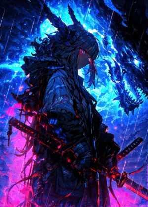Anime Samurai and Dragon: Fierce Night Battle - Premium Wooden Framed Poster. Ready to Hang.