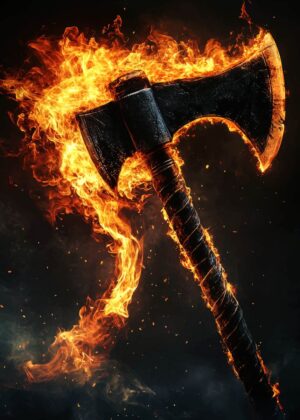 Fiery Weaponry: A Dark Fantasy Artwork - Premium Wooden Framed Poster. Ready to Hang.