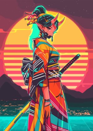 Cyberpunk Geisha: Retro-Futuristic Samurai Warrior Art Print - Premium Wooden Framed Poster. Ready to Hang.