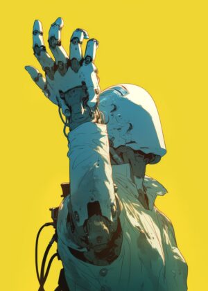 Cyberpunk Robot Arm Gesture Artwork - Premium Wooden Framed Poster. Ready to Hang.