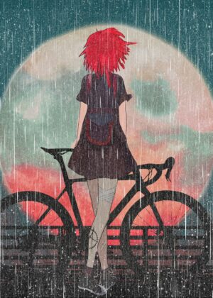 Rainy Night Ride: A Melancholic Anime Art Print - Premium Wooden Framed Poster. Ready to Hang.
