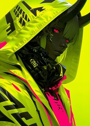 Neon Demon with Horns: Cyberpunk Art Print - Premium Wooden Framed Poster. Ready to Hang.