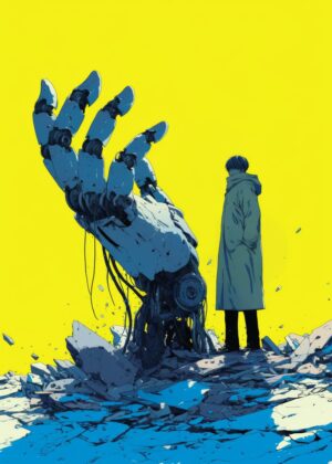 Hand Ruins: A Cyberpunk Masterpiece - Premium Wooden Framed Poster. Ready to Hang.