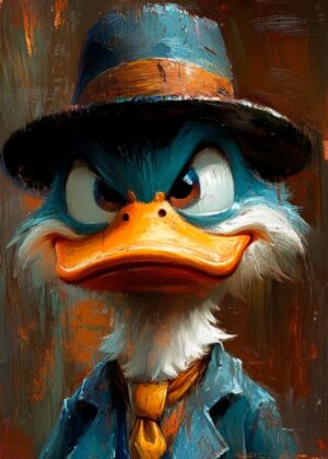 Grumpy Donald Duck: A Whimsical Oil Painting - Premium Wooden Framed Poster. Ready to Hang.