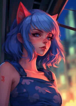 Cyberpunk Cat Girl Art Print: Neon City Dreams - Premium Wooden Framed Poster. Ready to Hang.