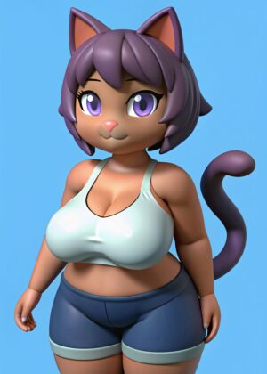3D Render of a Busty Cat Girl in Athletic Wear - Premium Wooden Framed Poster. Ready to Hang.
