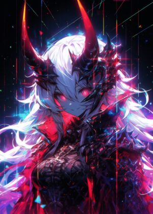 Fiery Anime Demon Girl Art Print - Premium Wooden Framed Poster. Ready to Hang.