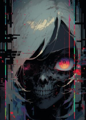 Digital Skull Portrait: Grunge Cyberpunk Art Print - Premium Wooden Framed Poster. Ready to Hang.