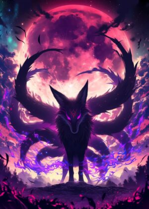 Nine-Tailed Fox Spirit: Mystical Fantasy Art Print - Premium Wooden Framed Poster. Ready to Hang.