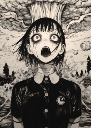 Anime Girl Facing Apocalypse: Pen & Ink Artwork - Premium Wooden Framed Poster. Ready to Hang.