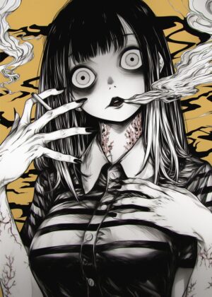 Dark Anime Girl Smoking: Gothic Art Print - Premium Wooden Framed Poster. Ready to Hang.
