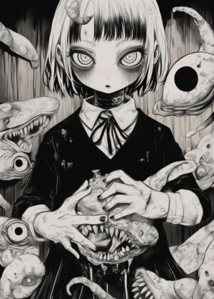 Creepy Anime Girl and Monsters: Dark Fantasy Art Print - Premium Wooden Framed Poster. Ready to Hang.