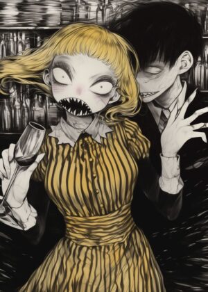 Creepy Couple in a Bar: A Dark Romance Artwork - Premium Wooden Framed Poster. Ready to Hang.