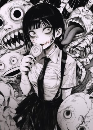 Creepy Cute Anime Girl with Dolls: Dark Fantasy Art Print - Premium Wooden Framed Poster. Ready to Hang.