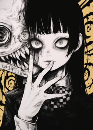 Creepy Anime Girl Art Print - Premium Wooden Framed Poster. Ready to Hang.