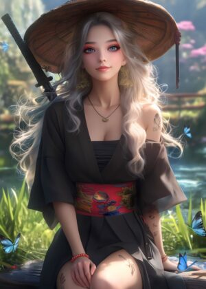 Anime Samurai Girl in Kimono: Digital Art Print - Premium Wooden Framed Poster. Ready to Hang.