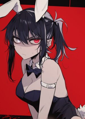 Dark Anime Girl Bunny Ears Art Print - Premium Wooden Framed Poster. Ready to Hang.