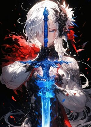Anime Girl with Sword: Elegant Fantasy Artwork - Premium Wooden Framed Poster. Ready to Hang.
