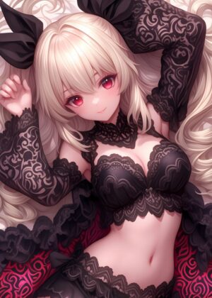 Anime Girl in Black Lace Lingerie - Premium Wooden Framed Poster. Ready to Hang.