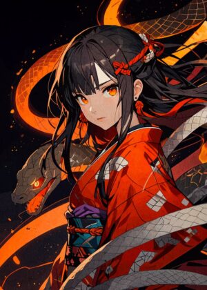 Anime Girl with Snake: Fiery Spirit Artwork - Premium Wooden Framed Poster. Ready to Hang.