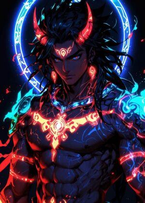 Demonic Warrior: Fierce Digital Art Print - Premium Wooden Framed Poster. Ready to Hang.