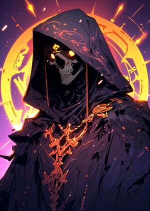 Mysterious Hooded Skull Figure Art Print - Premium Wooden Framed Poster. Ready to Hang.