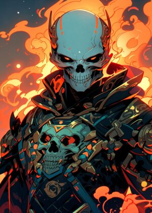 Skull Warrior in Flames: Fiery Digital Artwork - Premium Wooden Framed Poster. Ready to Hang.